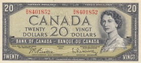 Canada, 20 Dollars, 1954, XF, p41b
Queen Elizabeth II, serial number: B/W 8401852, sign: Beattie /Rasminsky
Estimate: $50-100