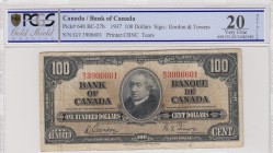 Canada, 100 Dolllars, 1937, VF, p64b
PCGS 20, serial number: G/J 3906601, signs: Gordon and Towers, Sir John Alexander Macdonald portrait (the first ...
