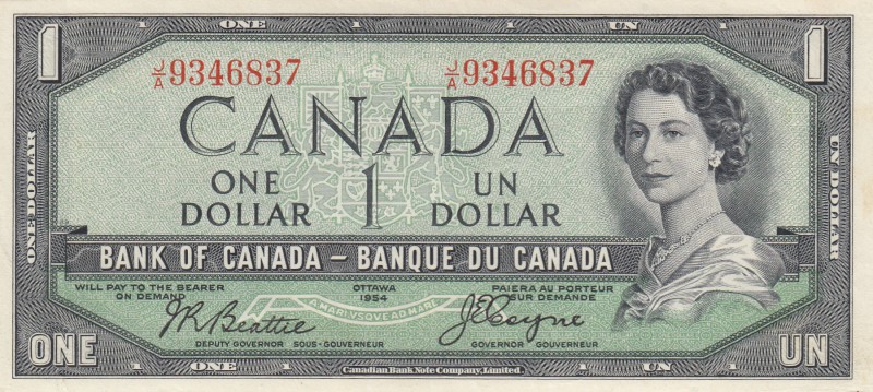 Canada, 1 Dollar, 1954, AUNC (-), p66b, DEVİL'S FACE
Queen Elizabeth II portrai...