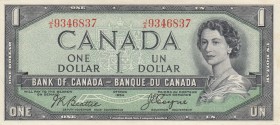 Canada, 1 Dollar, 1954, AUNC (-), p66b, DEVİL'S FACE
Queen Elizabeth II portrait, serial number: J/A 9346837
Estimate: $50-100