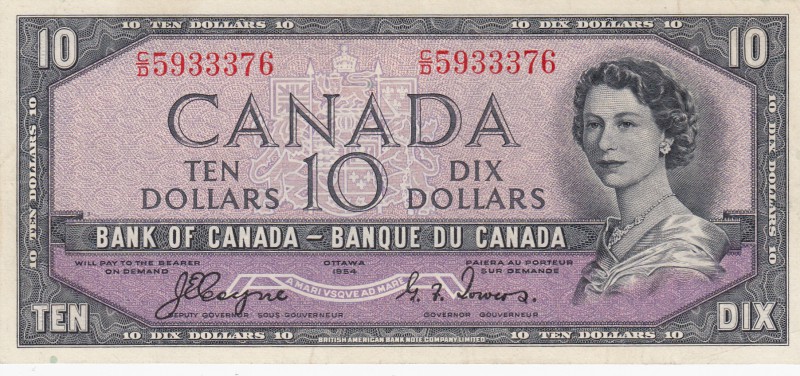 Canada, 10 Dollars, 1954, AUNC, p69a, DEVİL'S FACE
Queen Elizabeth II, Serial N...