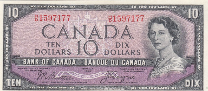 Canada, 10 Dollars, 1954, UNC, p69b, DEVIL'S FACE
Queen Elizabeth II portrait, ...