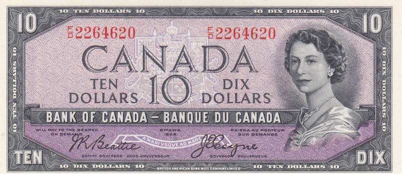 Canada, 10 Dollars, 1954, AUNC, p69b, DEVİL'S FACE
Queen Elizabeth II portrait,...