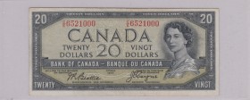 Canada, 20 Dollars, 1954, FINE, p70b, DEVIL'S FACE
serial number: C/E 6521000, Queen Elizabeth II portrait
Estimate: $50-100
