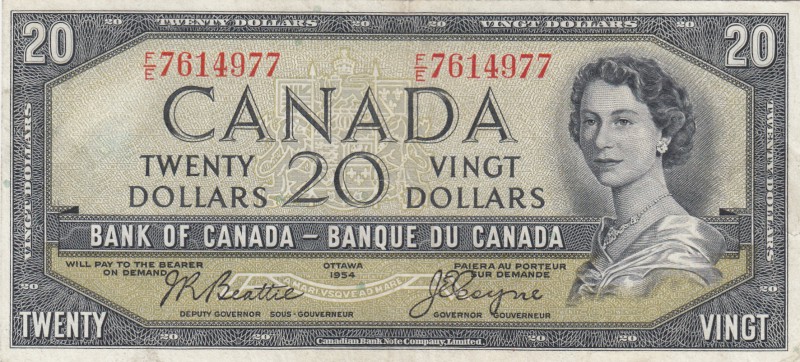 Canada, 20 Dollars, 1954, XF, p80a
Queen Elizabeth II, Serial Number: F/E 76149...