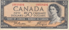 Canada, 50 Dollars, 1954, XF, p81a
serial number: A/H 8618494, Queen Elizabeth II portrait, signs: Beattie- Coyne
Estimate: $100-200