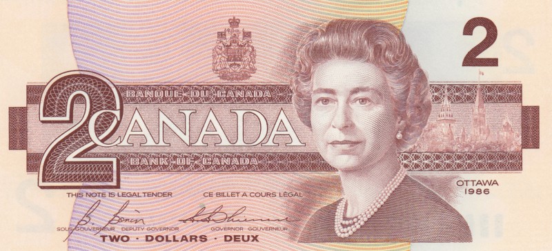 Canada, 2 Dollars, 1986, UNC, p94c
Queen Elizabeth II portrait, serial number: ...