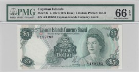 Cayman Islands, 5 dollars, 1972, UNC, p2a
PMG 66 EPQ, Queen Elizabeth II, serial number: A/1 189782
Estimate: $150-300