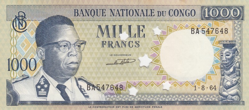 Congo Democratic Republic, 1000 Francs, 1964, UNC, p8, CANCELLED
serial number:...