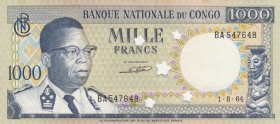 Congo Democratic Republic, 1000 Francs, 1964, UNC, p8, CANCELLED
serial number: BA 547648, J. Kasavubu portrait at left
Estimate: $10-20