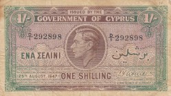 Cyprus, 1 Shilling, 1947, FINE, p20
King George VI portrait at center, serial number: D/1 292898
Estimate: $25-50