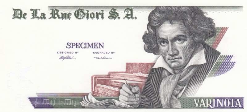 De La Rue Giori, Test note, Varinota, SPECİMEN
no serial number, Beethoven port...