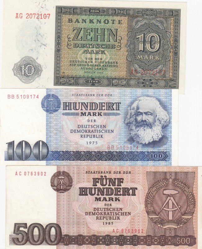 Demokratic Germany Republic, 10 Mark, 100 Mark and 500 Mark, 1948 / 1975 / 1985,...