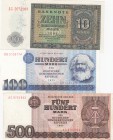 Demokratic Germany Republic, 10 Mark, 100 Mark and 500 Mark, 1948 / 1975 / 1985, UNCL, p12 / p31 / p33, (Total 3 banknotes)
serial numbers: AG 207210...