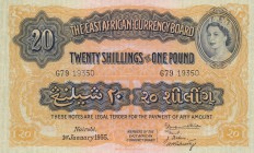 East Africa, 20 Shillings or 1 Pound, 1955, UNC, p35
serial number: G79 19350, Queen Elizabeth Iı portrait
Estimate: $500-1000