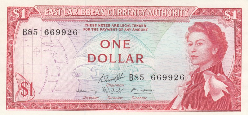 East Caribbean, 1 Dollar, 1974, UNC, p13g
Queen Elizabeth II portrait, serial n...