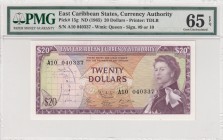 East Caribbean, 20 dollars, 1965, UNC, p15g
PMG 65 EPQ, serial number:A10 040337, Queen Elizabeth II portrait
Estimate: $300-600