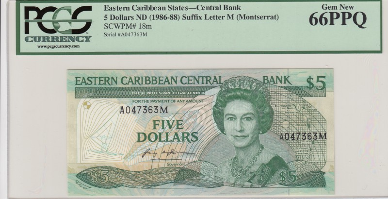 Eastern Caribbean, 5 Dollars, 1986, UNC, p18m
 PCGS 66 PPQ, serial number: A047...