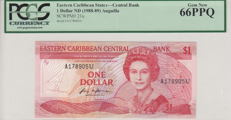 East Caribbean, 1 Dollar, 1988-1989, UNC, p21u
PCGS 66 PPQ, Anguilla Island, se...