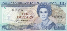East Caribbean, 10 Dollars, 1985, UNC, p23k1
Saint Kitts Island, serial number: A503403K, Queen Elizabeth II portrait
Estimate: $100-200