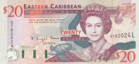 East Caribbean, 20 Dollars, 1994, UNC, p33l
Saint Lucia Island, serial number: G782024L, Queen Elizabeth II portrait
Estimate: $50-100