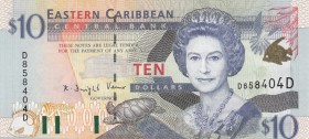 East Caribbean, 10 Dollars, 2000, UNC, p38d
Dominica Island, Queen Elizabeth II portrait, serial number: D858404D
Estimate: $25-50