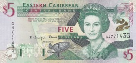 East Caribbean, 5 Dollars, 2003, UNC, p42g
Grenada Island, Queen Elizabeth II portrait, serial number: G477143G
Estimate: $10-20