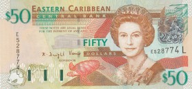 East Caribbean, 50 Dollars, 2003, UNC, p45l
Saint Lucia Island, serial number: E528774L, Queen Elizabeth II portrait
Estimate: $75-150