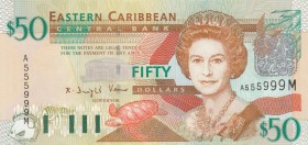 East Caribbean, 50 Dollars, 2003, UNC, p45m
Montserrat Island, serial number: A555999M, Queen Elizabeth II portrait, beautiful number
Estimate: $150...