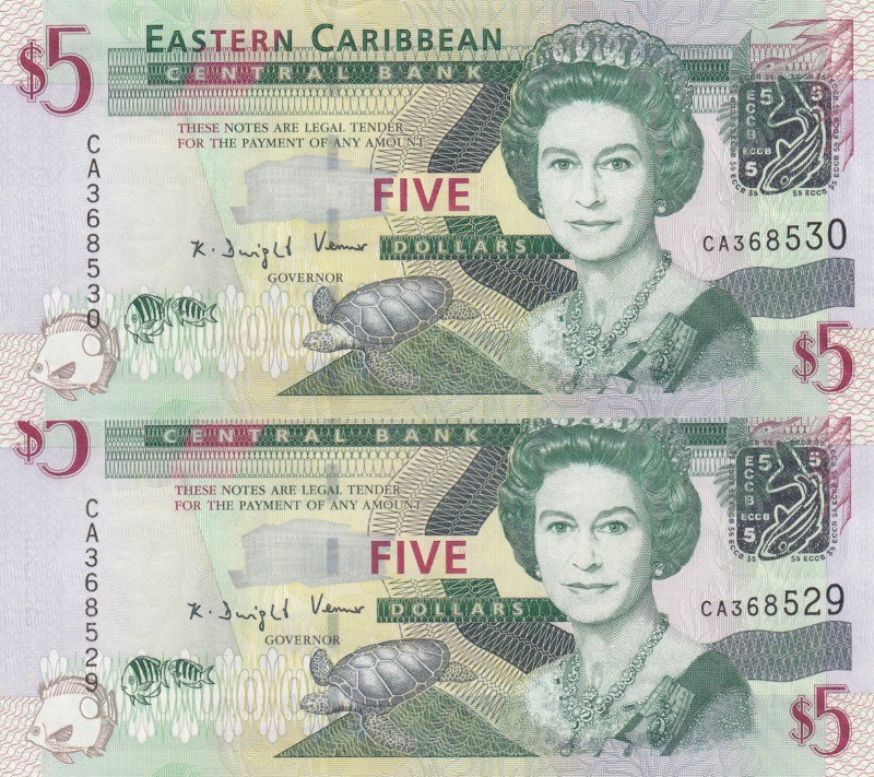 East Caribbean, 5 Dollars (2), 2008, UNC, p47, (Total 2 consecutive banknotes)
...