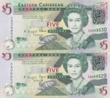 East Caribbean, 5 Dollars (2), 2008, UNC, p47, (Total 2 consecutive banknotes)
Queen Elizabeth II portrait, serial numbers: CA 368529 and CA 368530
...