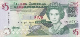 East Caribbean, 5 Dollars, 2008, UNC, p47
Queen Elizabeth II portrait, serial number: CA 368726
Estimate: $5-10