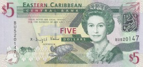 East Caribbean, 5 Dollars, 2008, UNC, p47
Queen Elizabeth II portrait, serial number: BU 520147
Estimate: $5-10