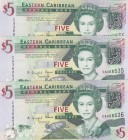 East Caribbean, 5 Dollars, 2008, UNC, p47, (Total 3 consecutive banknotes)
Queen Elizabeth II portrait, serial number: CA 368534-35-36
Estimate: $15...