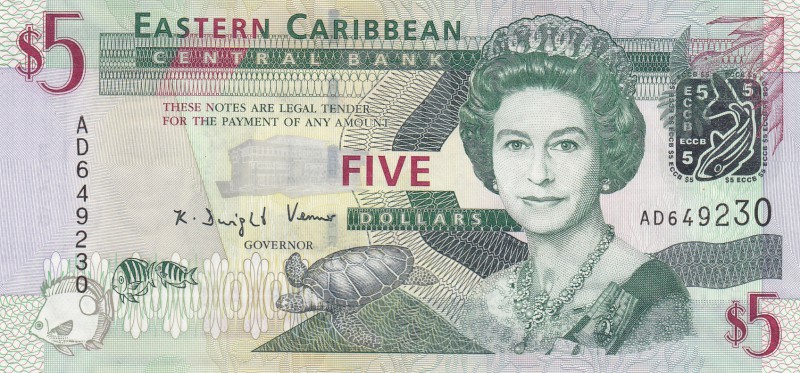 East Caribbean, 5 Dollars, 2008, UNC, p47
Queen Elizabeth II portrait, serial n...