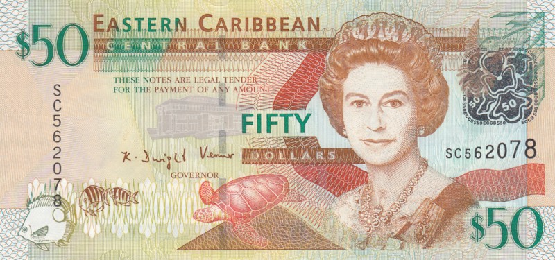 East Caribbean, 50 Dollars, 2008, UNC, p50
Queen Elizabeth II portrait, serial ...