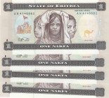 Eritrea, 1 Nakfa, 1997, UNC, p1, (Total 4 banknotes)
Estimate: $5-10