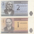 Estonia, 1 Kroon and 2 Kroon, 1992, UNC, p69 / p70, (Total 2 banknotes)
 serial numbers: AA 0400898, AB 1061675
Estimate: $5-10