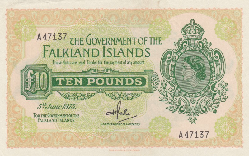 Falkland Islands, 10 Pounds, 1975, UNC, p11a
Serial number: A 47137, Queen Eliz...