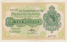 Falkland Islands, 10 Pounds, 1975, UNC, p11a
Serial number: A 47137, Queen Elizabeth II portrait
Estimate: $500-1000