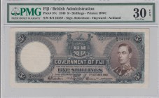 Fiji, 5 Shillings, 1940, VF, p37c
PMG 30 EPQ, serial number: B/3 24257, King George VI portrait at right
Estimate: $150-300