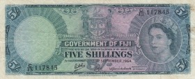 Fiji, 5 Shillings, 1964, VF (-), p51d
Queen Elizabeth II Bankonte, serial number: C/13 117845
Estimate: $50-100