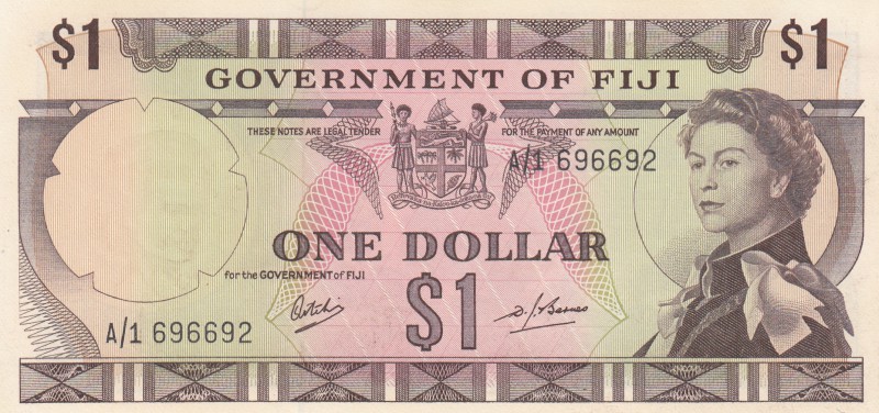 Fiji, 1 Dollar, 1969, UNC, p59a
Queen Elizabeth II portrait, serial number: A/1...