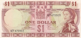 Fiji, 1 Dollar, 1974, UNC, p71b
serial number: A/7 470903, Queen Elizabeth II portrait
Estimate: $30-60