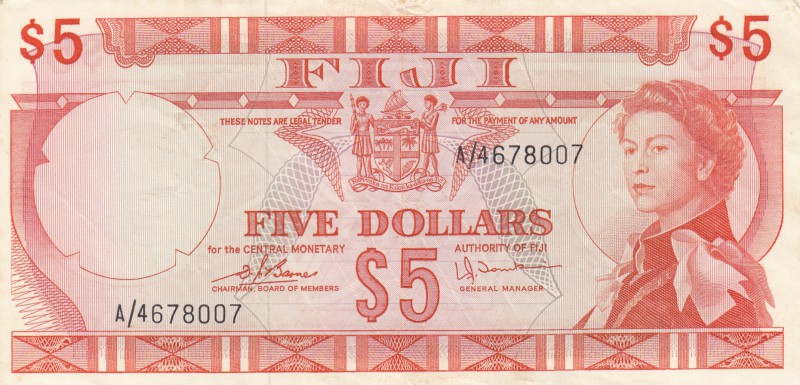 Fiji, 5 Dollars, 1974, XF, p73c
Queen Elizabeth II Bankonte, sign: Barnes and T...