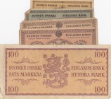 Finland, 25 Pennia, 50 Pennia, 1 Markka (2) and 100 Markkaa, 1916 / 1957, POOR / VERY FINE, (Total 5 banknotes) 
no return
Estimate: $15-30