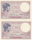 France, 5 francs, 1933, UNC, p72e, (Total 2 consecutive banknotes)
serial numbers: V.55493.760-61
Estimate: $50-100