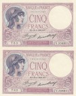 France, 5 Francs, 1933, UNC, p72e, (Total 2 consecutive banknotes)
serial numbers: V.55493.762-63
Estimate: $50-100