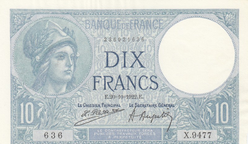 France, 10 Francs, 1922, AUNC, p73c
serial number: X.9477-636, sign: Platet /Au...