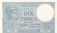 France, 10 Francs, 1922, AUNC, p73c
serial number: X.9477-636, sign: Platet /Aupelit, no flat
Estimate: $150-300